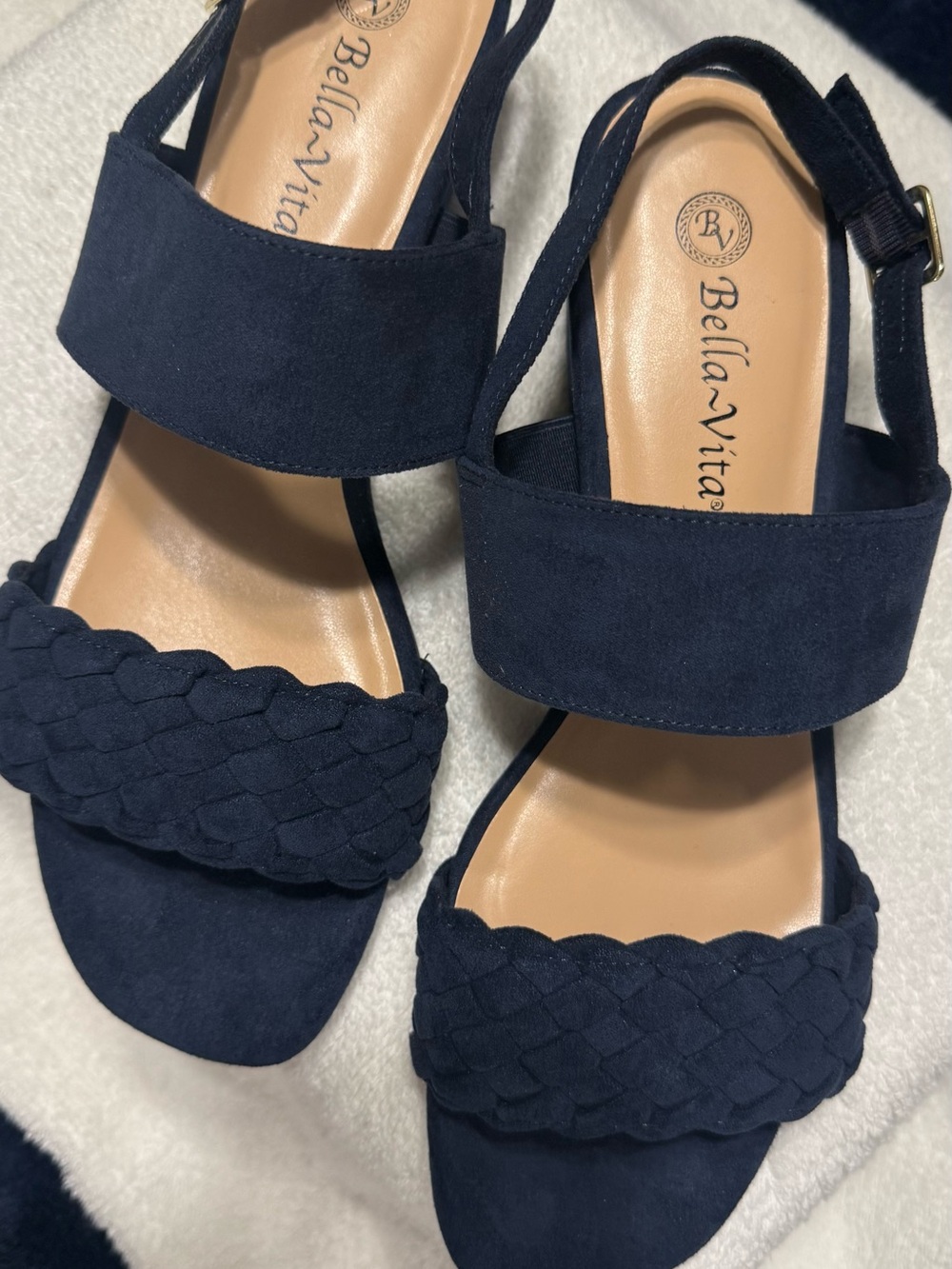 Bella Vita Navy Blue Braided Strap Block Heel Sandals